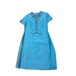 Vintage 1960s Aqua Blue Beaded A-Line Shift Party Dress / Women’s XL -